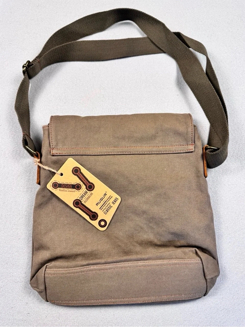AUGUR Canvas Crossbody Bag in Khaki with Brown Leather Trim